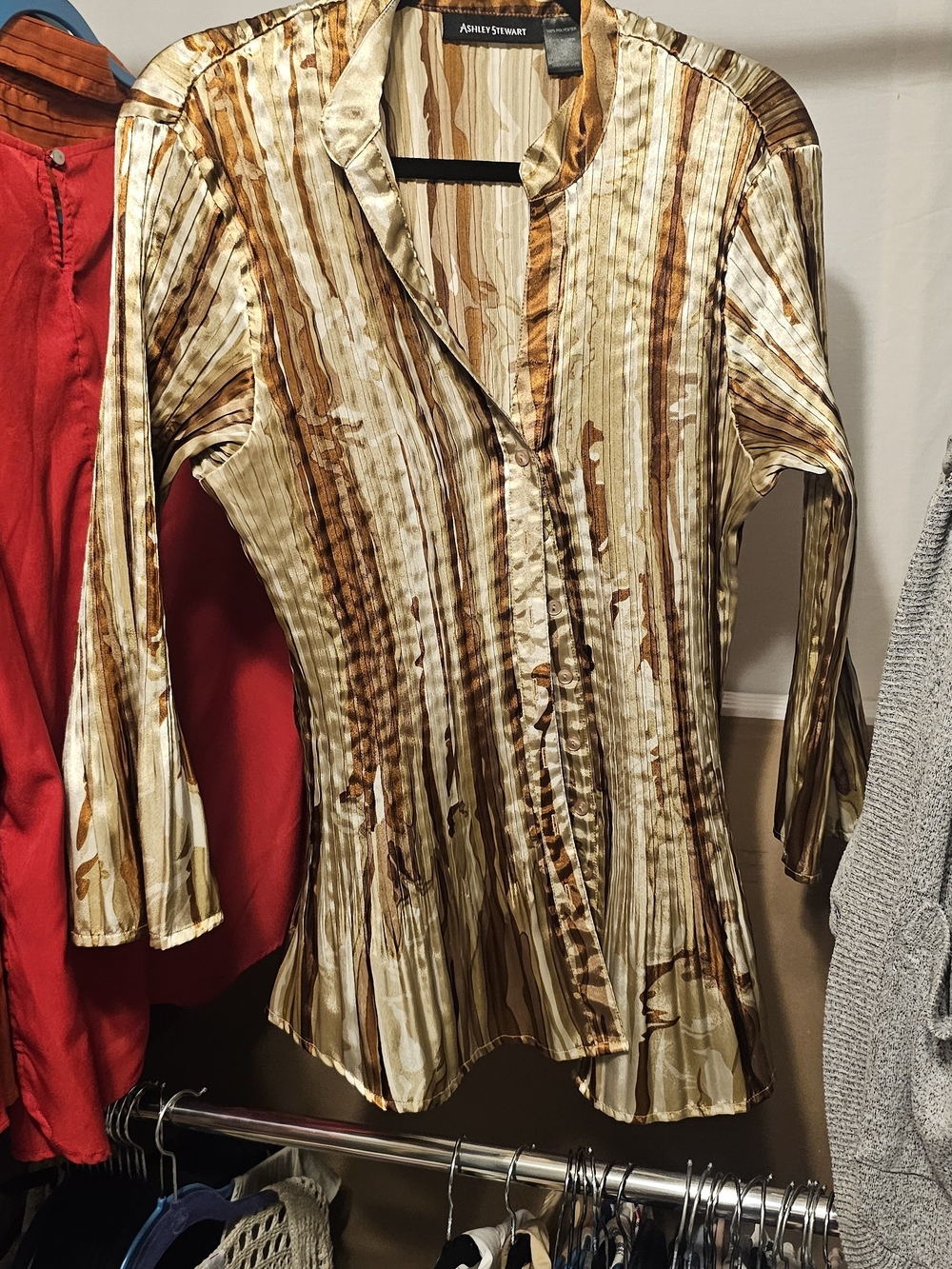 Ashley Stewart Women's Striped Satin Button-Front Blouse in Gold and Brown
